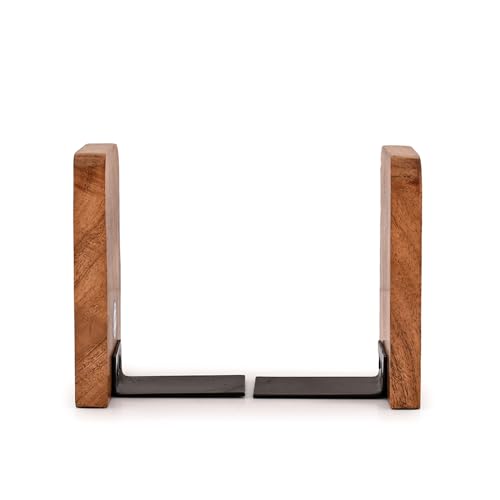 Kaizen Casa Bookends Iron & Acacia Wood Book Holders for Heavy Books - Fancy Modern Decorative Book Accessories (4" X 4" X 6") (Set of 2)