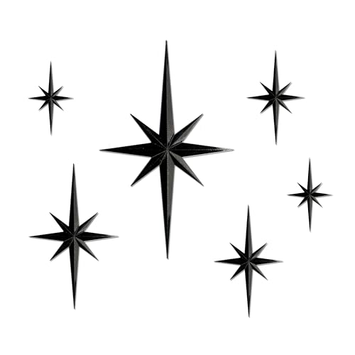 Stylor Mid Century Modern Decor, Mcm Retro 3D Star Art Wall Sculpture, Plastic Starburst Decor, Vintage Celestial Whimsigoth Home Decor Accent. (Set of 6, Black) - color: Black