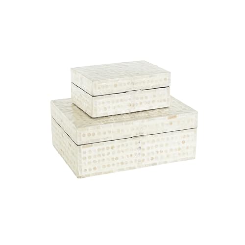 Deco 79 Mother of Pearl Shell Geometric Handmade Decorative Box Mosaic Dot Storage Decorative Keepsake Box with Brown Accents, Set of 2 Storage Box 12", 8"W, Cream - color: Cream, size: 11.9", 7.95"W