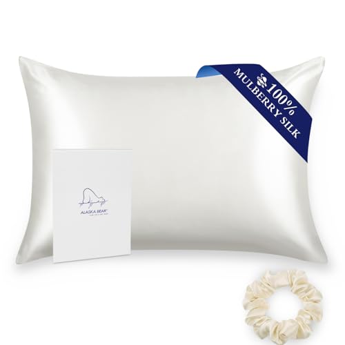 ALASKA BEAR Silk Pillowcase for Hair and Skin, Grade 6A 100% Mulberry Silk Pillow Cases King Size for Bliss Sleep with Random Color Scrunchy Set Better Than Poly Satin, 1pc, Natural Ivory White - color: White Ivory, size: King 20''x36''