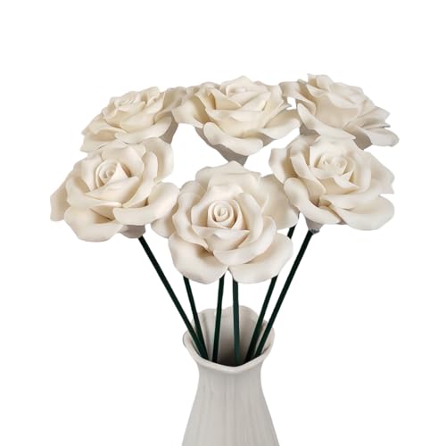 Handmade Porcelain 3D Ceramic Rose Flower, Eternal Flower Decoration for Home Office Decor, Creative Desktop vases, Porcelain Decorations, Exquisite, Set of 6 (White) - color: White