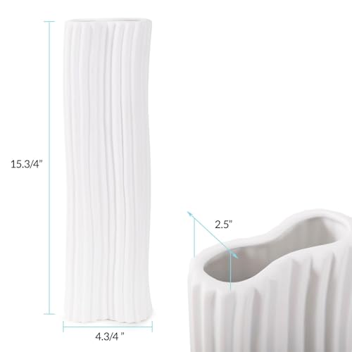 Howard Elliott Collection Hirst Ceramic Vase, White Ripple Texture Modern Abstract Decorative Flower Vase for Weddings, Floral Arrangements, Living Room & Home Decor, 4.75 x 4.75 x 15.75 Inch - size: 15.8"L x 4.8"W