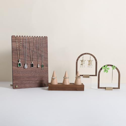 GemeShou Wooden ring organizer holder for jewelry, Stable ring display stand for boutique store, walnut base with white ring cones for jewelry selling【Ring holder-Cone 3】 - style: Three Cone