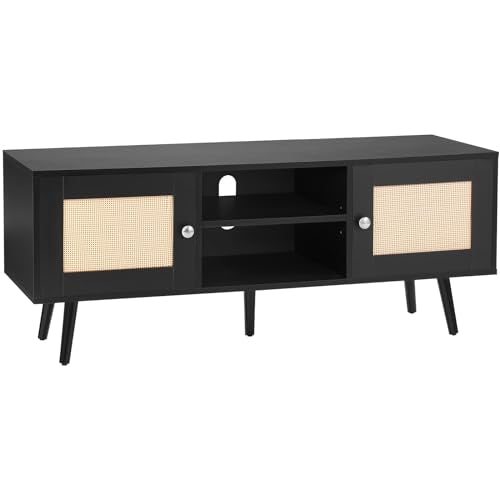 VEVOR Rattan TV Stand, Boho TV Cabinet for 55 inch TV, Mid Century Modern TV Stand, Rattan TV Console with Adjustable Shelfs for Living Room, Media Room, Black - color: Black, size: for 55" TVs