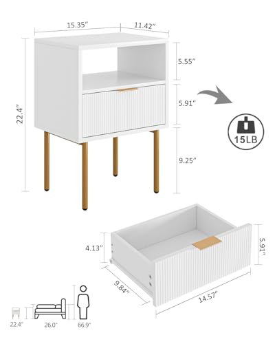Masupu Nightstand,Mid-Century Modern Bedside Table with Storage Drawer and Open Wood Shelf,Small Gold Frame Side Table for Bedroom,Living Room,White - color: A.white, style: 1 Drawer