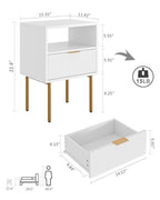 Masupu Nightstand,Mid-Century Modern Bedside Table with Storage Drawer and Open Wood Shelf,Small Gold Frame Side Table for Bedroom,Living Room,White - color: A.white, style: 1 Drawer