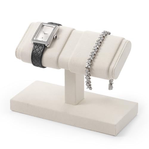 Double Watch Display Stand - Luxury Watch Holder with Soft Microfiber Lining for Jewelry Store, Home Decor & Travel | Compact 6x3x4.3in(Beige) - color: Beige