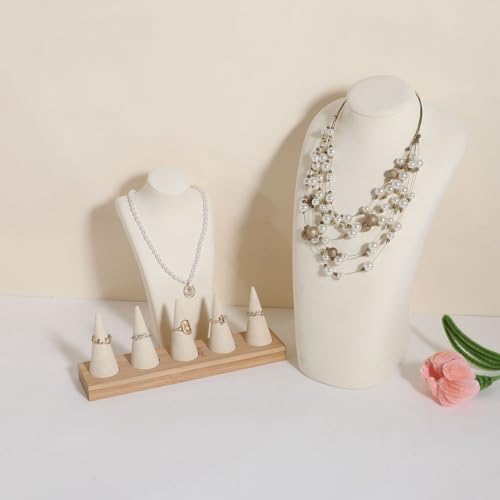 GemeShou Beige wood ring storage organizer, Velvet Jewelry ring display holder, Cute ring display stand for selling, wedding ring holder at nightstand【Beige with five cone】 - size: Large