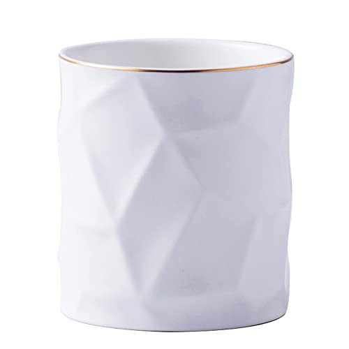 Ceramic Irregular Round Pen Holder For Desk Cute Stand Gold Line Pencil Cup Pot Desk Organizer for Girls Makeup Brush Holder (White) - color: White