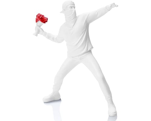 Banksy Flower Thrower Sculpture, 8.5 inch White Banksy Street Graffiti Art Statue Replica, Inspirational Sculpture Gifts Peace Hope - color: White