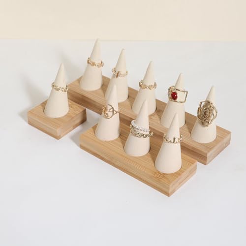 GemeShou Beige wood ring storage organizer, Velvet Jewelry ring display holder, Cute ring display stand for selling, wedding ring holder at nightstand【Beige with single cone】 - size: Small