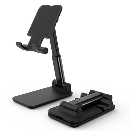 Cell Phone Stand, Adjustable Angle and Height Cell Phone Holder for Desk, Foldable and Portable, Anti-Slip Silicone Pad, Compatible with All Mobile Phones and 4-8 Inch Devices, Black - color: Black