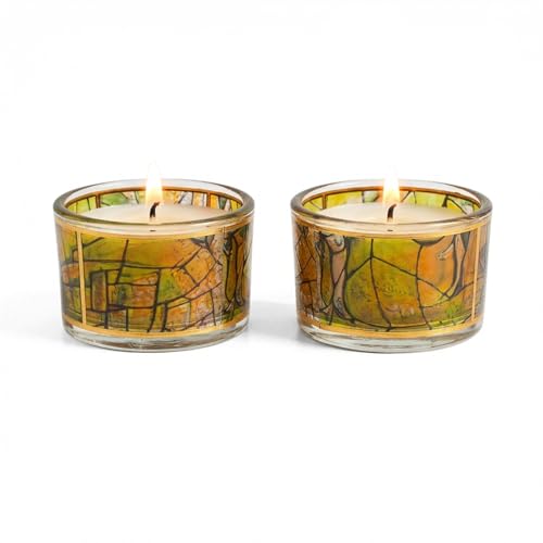 SURI Chagall Style Shabbat Candle Holders Set of 2 – Glass Shabbos Sabbath Tea Light Holders, Jewish Home Décor - color: Yellow (Chagall), size: Short