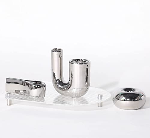 Silver Candlestick Holders, Decorative Taper Candle Holder Set Decor for Table Centerpiece Fireplace, Modern Silver Candle Holders Set, Aesthetic Ceramic Candle Stick Holder