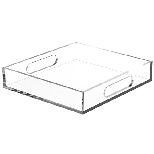 Acrylic Serving Tray with Handles - Lucite Organizer for Bench, Coffee Table, Countertop, Kitchen, Bathroom, Living Room, Powder Room - size: 13" x 13" x 1.7"