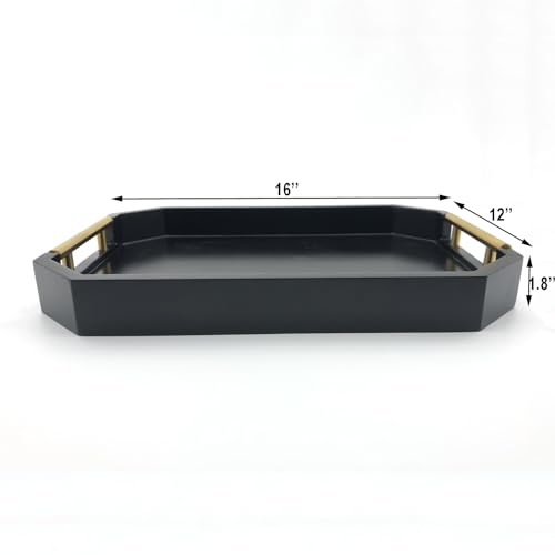 Serving Tray with Polished Metal Handles, Hexagon Coffee Table Tray, Modern Rectangle Decorative Tray, Large Ottoman Tray, Perfect for Storage and Display (Black Rectangle) - color: Black Rectangle
