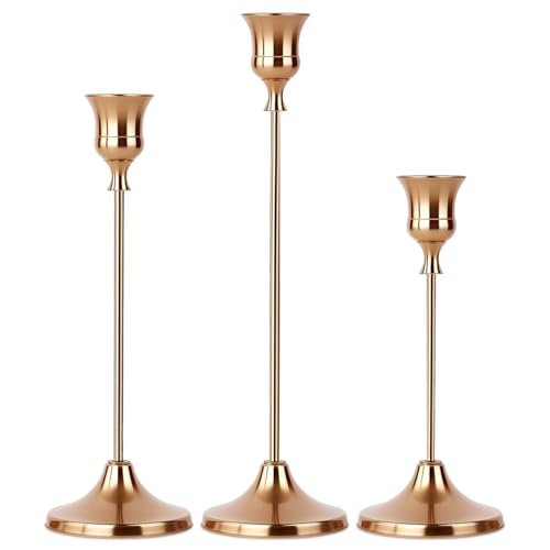 Set of 3 French Gold Tapered Candle Holder,Candlestick Tall Metal Candlestick Holders for Table Centerpiece Home Decor for Wedding Fireplace Mantel Housewarming Gift Fits 3/4 Inch Thick Candles - color: French Gold