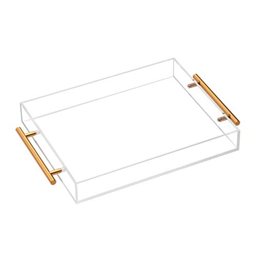 Clear Acrylic Lucite Serving Tray with Metal Handles,No Need to Assemble,11x14 Inch,Decorative Storage Organizer with Spill-Proof Design,Serving for Coffee,Breakfast,Dinner and More - color: Clear, size: 14" x 11" x 2"