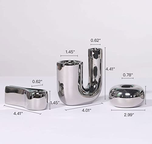 Silver Candlestick Holders, Decorative Taper Candle Holder Set Decor for Table Centerpiece Fireplace, Modern Silver Candle Holders Set, Aesthetic Ceramic Candle Stick Holder