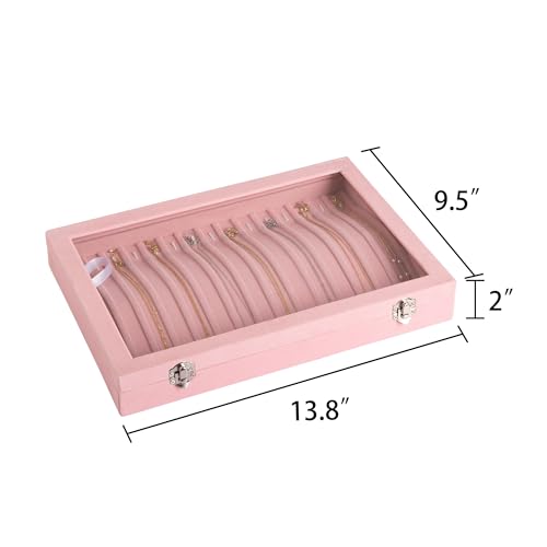 Frebeauty 15 Hooks Necklace Tray Velvet Neckalce Organizer with Clear Lid Lockable Necklace Holder Box Jewelry Organizer for Pendants Chains Necklace Jeweley Tray for Women Girls(Pink) - color: Pink