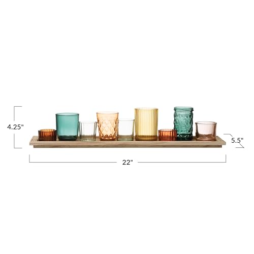 Creative Co-Op Round Glass Votive Holders on Wood Tray, Yellows & Greens, Set of 9 - color: Yellow/Green
