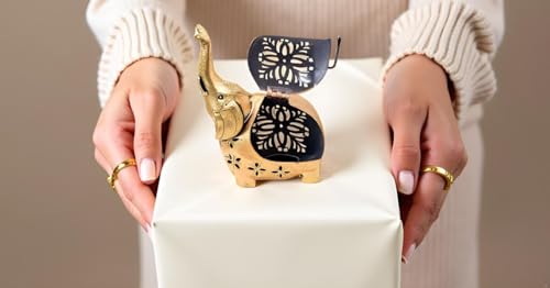 eTroves Metal Tealight Holder, Handmade Decorative Elephant Tea Light Candle Holder for Home, Farmhouse, Living Room, Patio, Decorations, 8 Inch, Golden