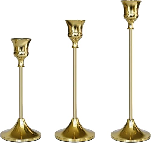 Elegant Metal Taper Candle Holders, Set of 3, Gold Finish, Different Heights. Modern Decorative Centerpiece for Table, Mantel, Wedding, Housewarming Gift, Holiday and Special Occasions