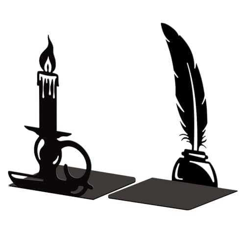 Peacoblue Metal Bookends for Shelves, Modern Decorative Heavy Duty Study Book Support Stoppers for Office, Desk, Shelf, Room 5.3"x4.3"x7.9" Cast Iron Tall Bookends, 1 Pair (Quill Pen and Candlestick) - style: Quill Pen and Candlestick