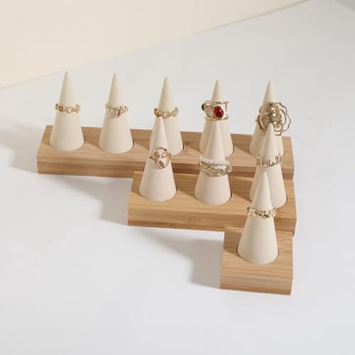 GemeShou Beige wood ring storage organizer, Velvet Jewelry ring display holder, Cute ring display stand for selling, wedding ring holder at nightstand【Beige with five cone】 - size: Large