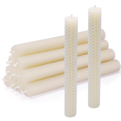 DEYBBY Handmade Beeswax Taper Candles, Dripless Wax Candles, Hand-Rolled Honeycomb Candles for Dinner Party, Set of 12 Flat Top（Cream White） - color: White, size: 12 pack