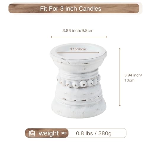 Wooden Candle Holder with Metal Cup - Rustic 4 Inch Pillar Candles Pedestal Stand for Tabletop, Fireplace, Decorative Beaded Candlestick Holders for Farmhouse Vintage Home Decor - White - color: Distressed White