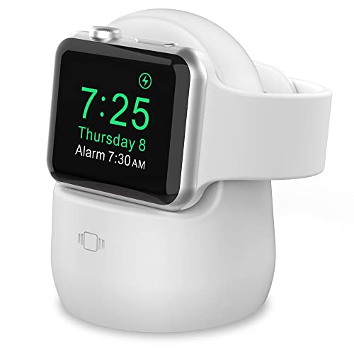 AhaStyle iWatch Stand Silicone Charging Dock Holder for Apple Watch Ultra 3, Ultra 2, Ultra, SE3, SE2, SE, Series 11 10 9 8 7 6 5 4 3 2 1 (49/46/45/44/42/41/40/38mm), Supports Nightstand Mode (White) - color: White