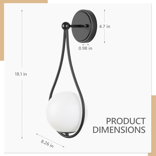 Mid-Century Wall Sconces Set of 2 Black Modern Globe Wall Lighting Indoor Hardwired Wall Lights for Hallway Office,Porch, Bedroom, Living Room,Stairway - color: Black