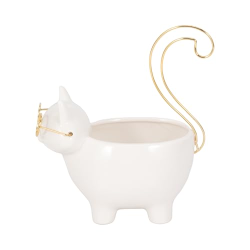 Ceramic Kitty Trinket Dish for House Decor Styling - Jewelry Tray for Coffee Table, Bed, Bathroom Vanity, and Home - Decorative Tray for Centerpiece Table and Jewelry Dish - 8", White & Gold - size: 8.0" H