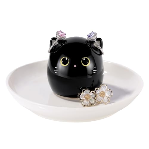 PUDDING CABIN Cat Lover Gifts for Women, Black Cat Ring Holder Dish for Jewelry Rings Earrings Necklace Watch Keys, Birthday Christmas Engagement Wedding Gifts - style: Black Kitty