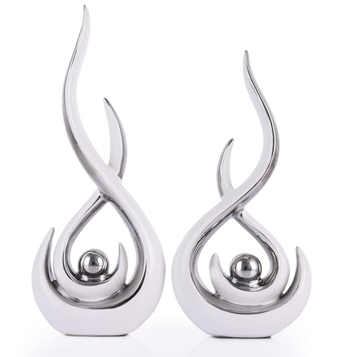 Ceramic Abstract 2 Piece Statue Set, White and Silver Home Decor Accents for Home Decor Statue Mantle Shelf Unique Decor, TV Cabinet Partition Table Top and Dining Table Centerpiece. - color: Ws