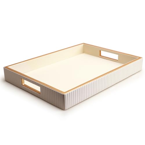 SANZIE Leather Tray Desktop Storage Organizer Premium Serving Trays Decorative Tray Valet Tray for Sundries Cosmetics Phone Wallet Cutlery (White Holder)