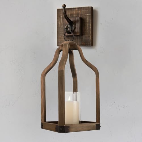 Rustic Wood Lantern Candle Holder for Farmhouse Decor - Indoor and Outdoor Table Centerpiece with Glass Hurricane, 15.7" High - size: Large
