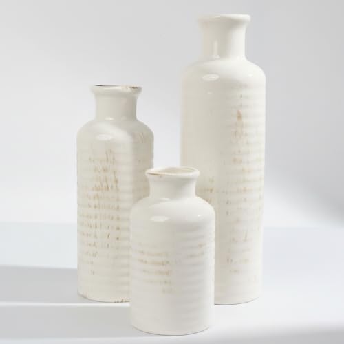 White Ceramic Vase Set of 3 – Ribbed Texture Crackle Glaze Bottle Vases for Rustic Farmhouse Table Centerpiece, Shelf & Mantel Decor - color: White02
