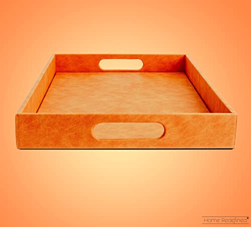 Home Redefined Beautiful Modern Elegant 17.5"x12" Rectangle Orange Faux Leather Decorative Tray Ottoman Coffee Table Perfume Living Room Kitchen Serving Tray with Handles for All Occasion's - color: Orange Leather