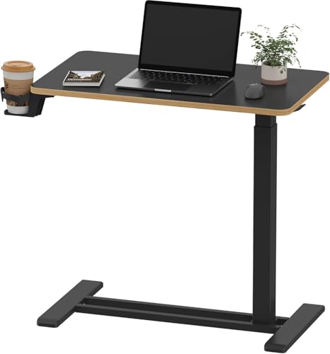 SANODESK Medical Adjustable Overbed Bedside Table with Hidden Casters, Pneumatic Mobile Laptop Computer Standing Desk Cart with Tray, Hospital and Home Use(27.6" W x 15.7" D, Black) - color: Black, size: Small