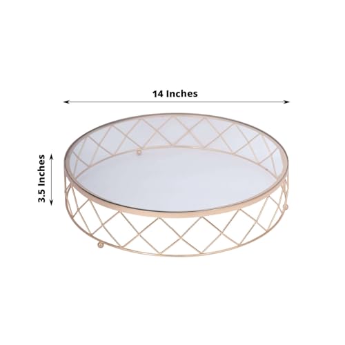 Efavormart 14" Round Gold Metal Geometric Cake Stand with Glass Top - Glossy Metallic Dessert Riser for Cupcake, Pastry and Candy Display Centerpiece