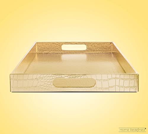 Home Redefined 17.5"x12" Gold Glossy Crocodile Faux Leather Serving Tray Beautiful Modern Elegant Decorative Tray with Handles Ottoman Coffee Table Tray for All Occasion's - color: Gold