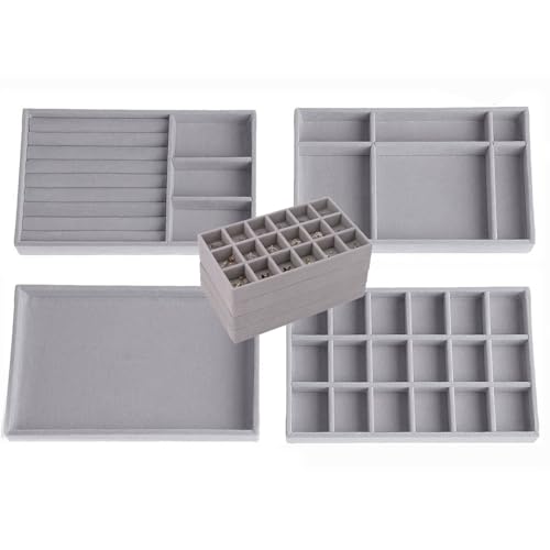 Stackable Jewelry Organizer Trays for Drawer, Set of 4 Velvet Jewelry Drawer Inserts in Dresser, 8in Storage Display Case for Rings Stud Necklaces Accessories(Grey) - color: Grey