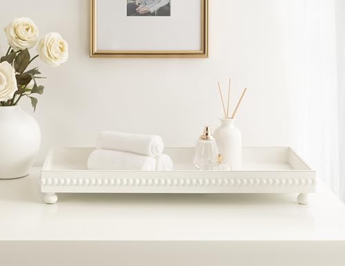 Kate and Laurel Strahm Rectangle Wooden Beaded Display Tray, 10 x 24, White, Lightly Distressed Wood Decorative Footed Tray for Use as Useful Ottoman Tray or Kitchen Serving Tray