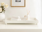 Kate and Laurel Strahm Rectangle Wooden Beaded Display Tray, 10 x 24, White, Lightly Distressed Wood Decorative Footed Tray for Use as Useful Ottoman Tray or Kitchen Serving Tray