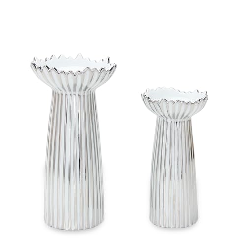 Ceramic Candle Holders for Pillar Candles, Set of 2 Candle Sticks Holder for Table Centerpiece, Silver Stripe Candle Stand for Living Room, Wedding, Dining Room, Shelf & Mantel Decor- 7.8", 9.8" H - color: C040-silver