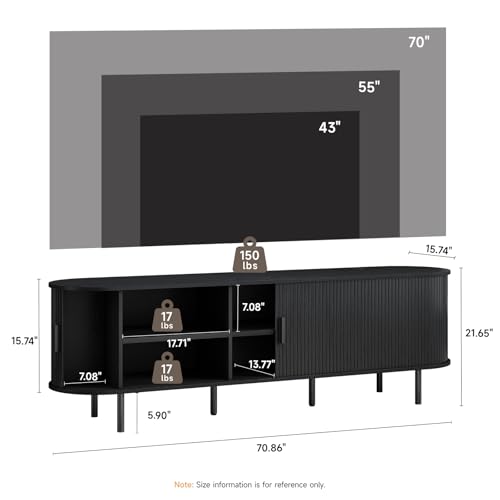 70.8" TV Stand with Power Outlet, Mid-Century Modern Television Stand, Fluted Media Console with Sliding Doors, Entertainment Center for TVs up to 60 Inch, Adjustable Shelves, Black - color: Black, size: 70.8 Inch