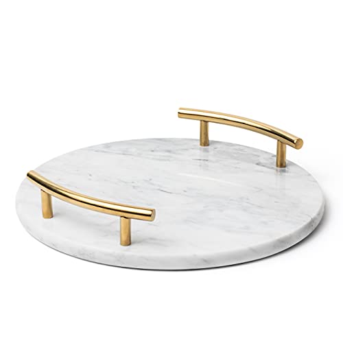 White Marble Tray with Gold Handles - Elegant Solid Marble - Chic Modern Elegant Round Vanity Tray for Bathroom - size: Round 12"