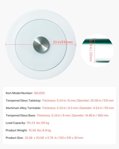 VEVOR 20 in Glass Lazy Susan Turntable, 360° Rotation Round Clear Tabletop Rotating Tray, Tempered Glass Dining Table Centerpiece, Smooth and Silent Spin, for Family Gatherings, Banquets & Weddings - size: 20 "